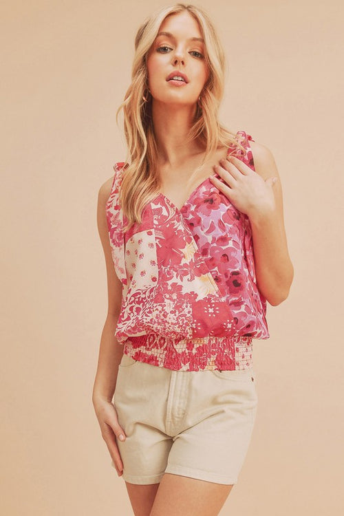 Aemi + Co Smocked Hem Printed Surplice Tank